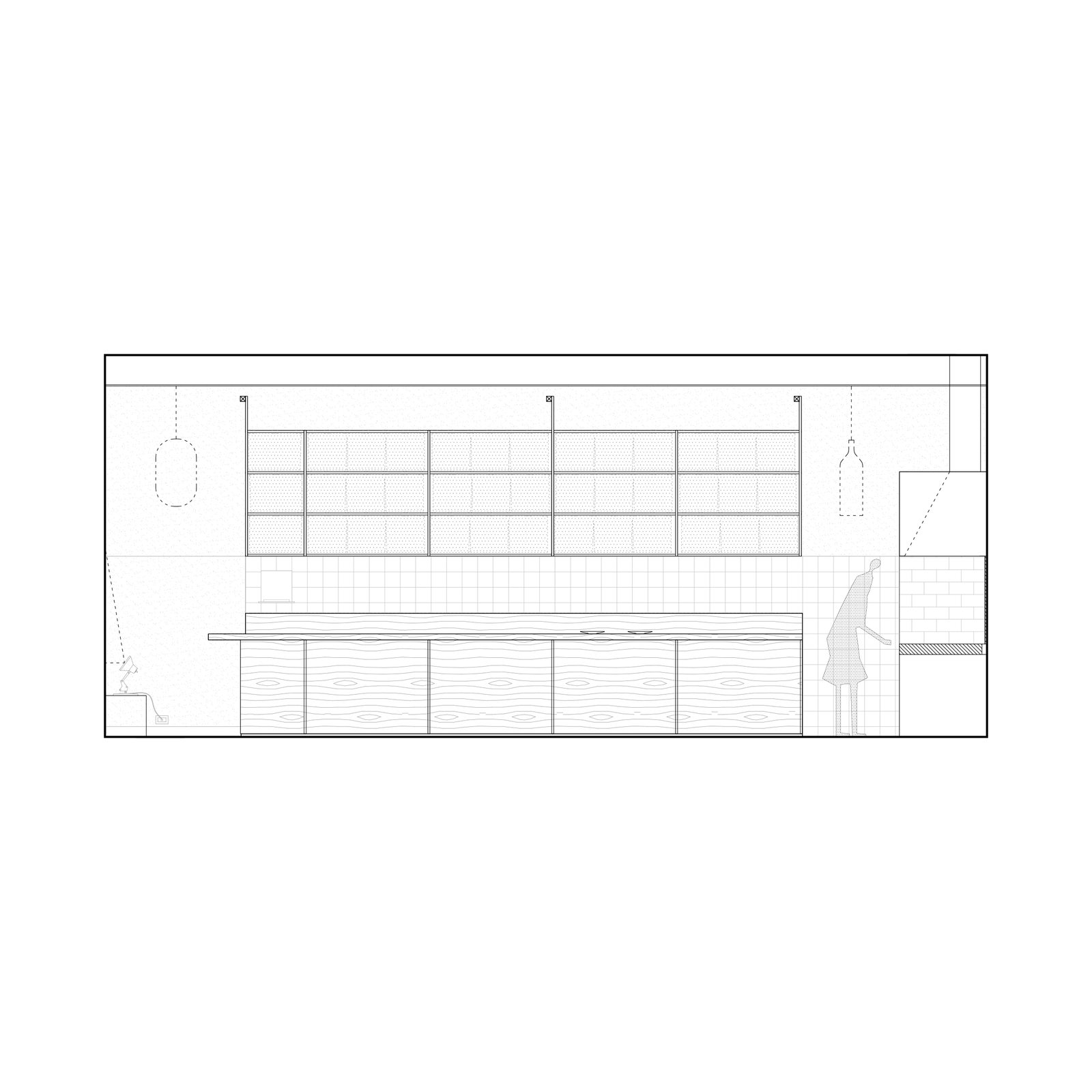 Plano de cocina o local comercial con mobiliario de madera y estanterías — proyecto Yakinilo, por Estudio YME, en Av. Dorrego 1551